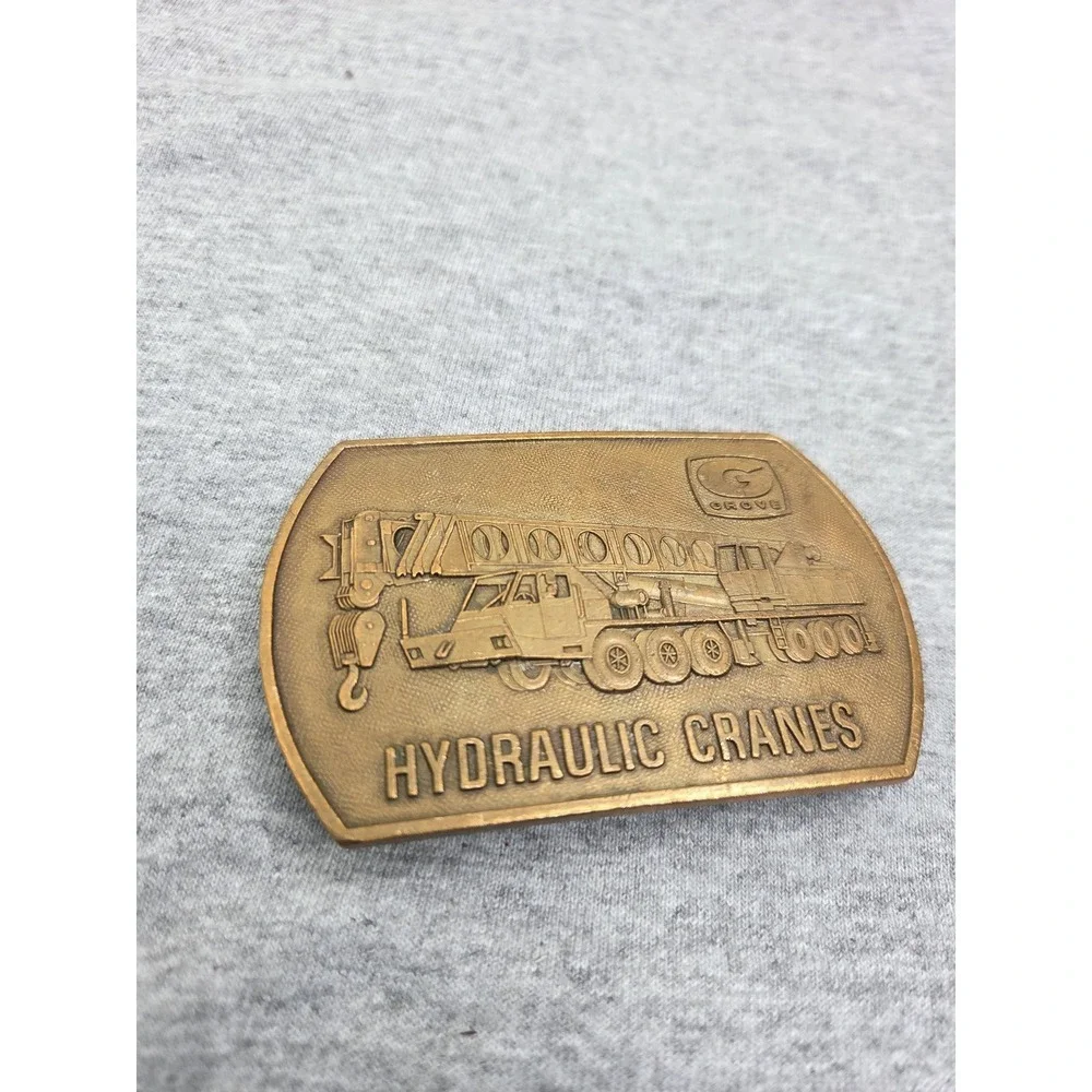 Vintage 1970s Solid Brass Grove Hydraulic Cranes Heavy Belt Buckle Mens USA